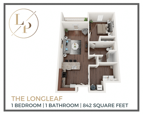 Floor plan for 1 bed, 1 bath, 842 sqft